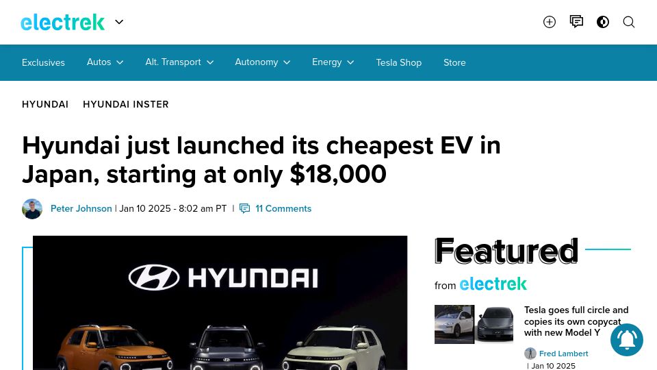 Screenshot of electrek.co: Hyundai just launched its cheapest EV in Japan