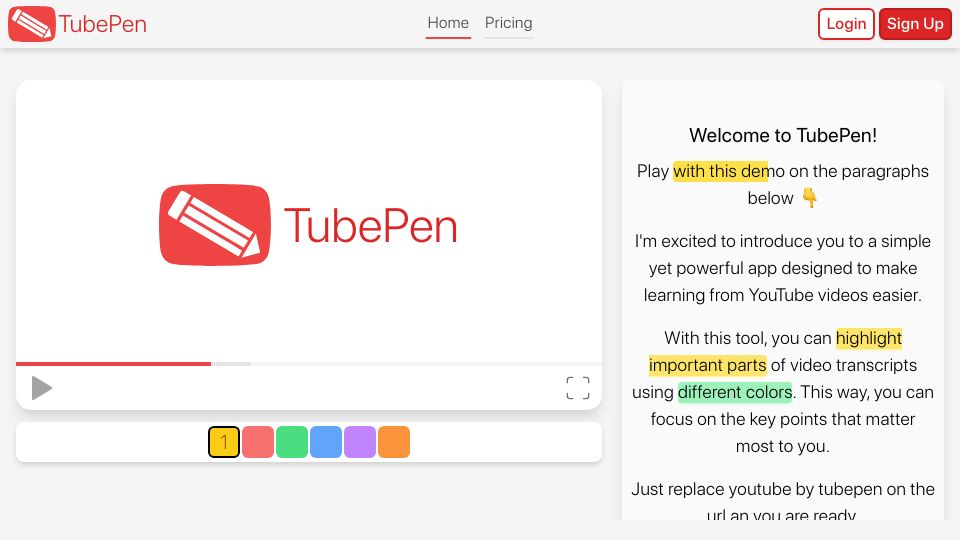 Screenshot of tubepen.com: Show HN: TubePen – My attempt to get more out of YouTube learning