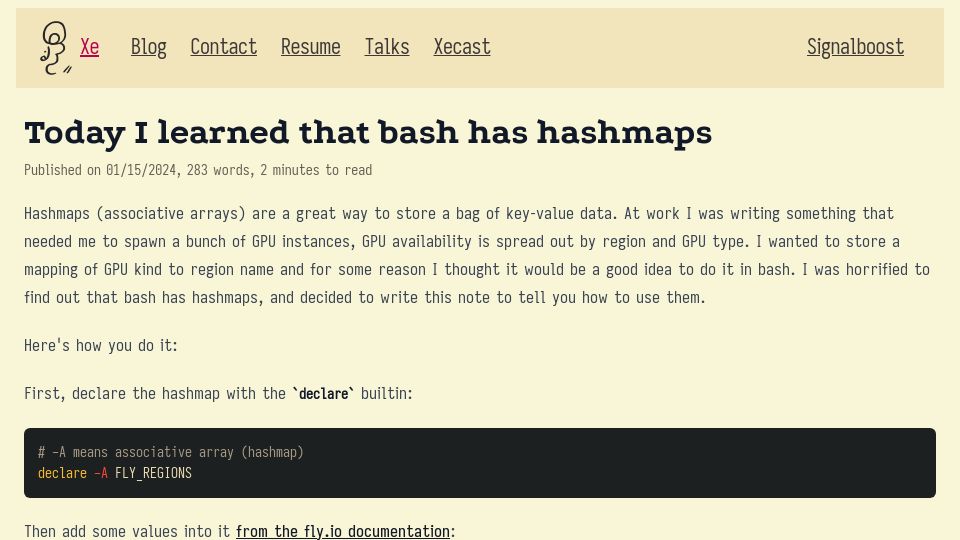 Screenshot of xeiaso.net: Today I learned that bash has hashmaps (2024)
