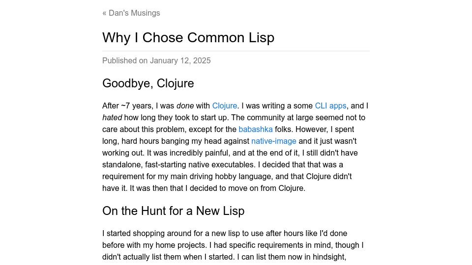 Screenshot of blog.djhaskin.com: Why I Chose Common Lisp