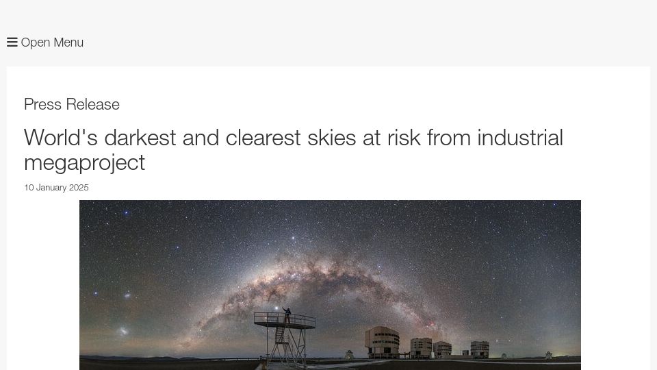 Screenshot of eso.org: World's darkest and clearest skies at risk from industrial megaproject
