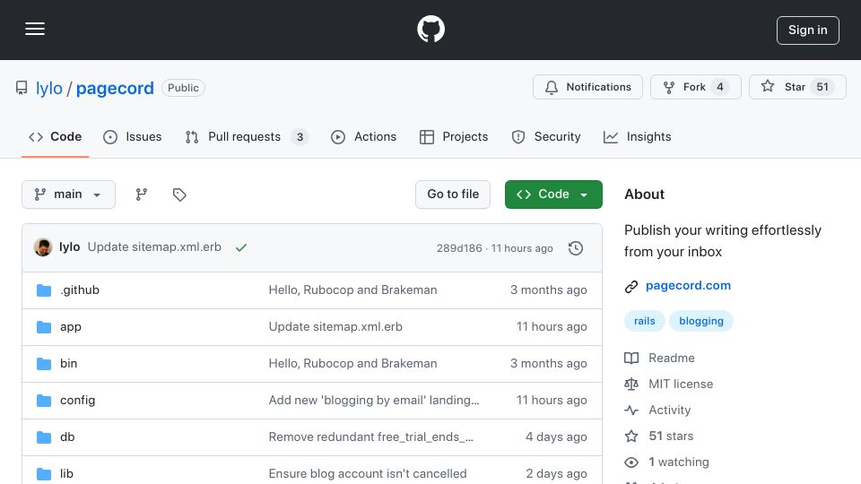 Screenshot of github.com: Pagecord: Publish your writing effortlessly from your inbox