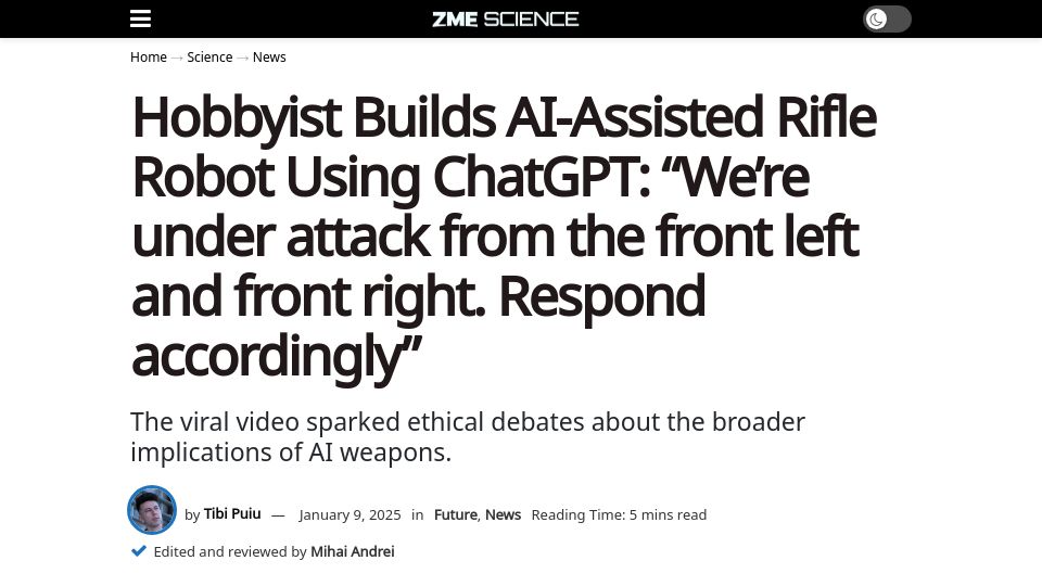 Screenshot of zmescience.com: Hobbyist Builds AI-Assisted Rifle Robot Using ChatGPT