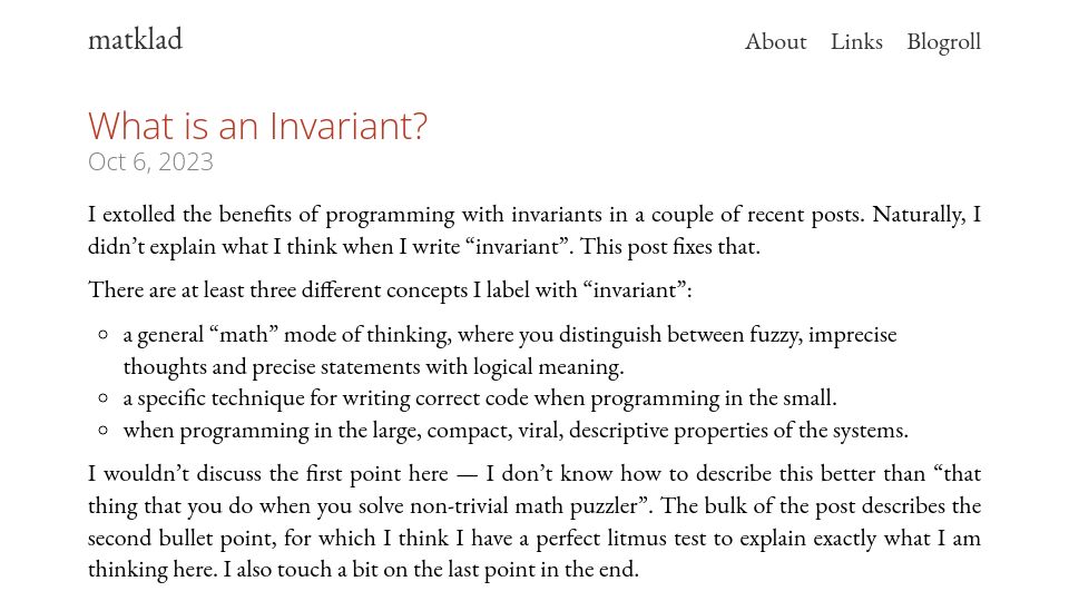 Screenshot of matklad.github.io: What is an invariant? (2023)