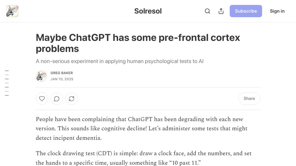 Screenshot of solresol.substack.com: Maybe ChatGPT has some pre-frontal cortex problems