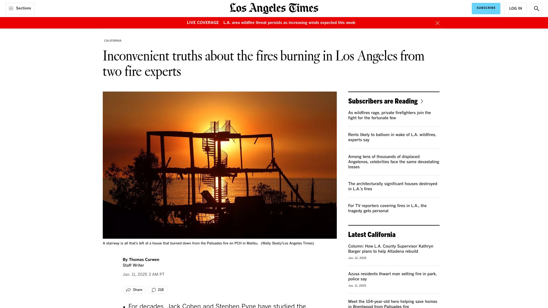 Screenshot of latimes.com: Two fire experts interviewed about L.A. wildfires