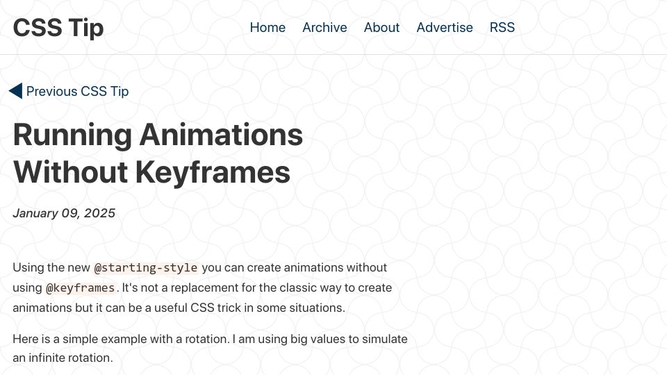 Screenshot of css-tip.com: Running Animations Without Keyframes