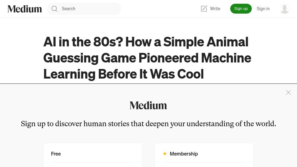 Screenshot of medium.com: AI in the 80s? How a Simple Animal Guessing Game Pioneered Machine Learning