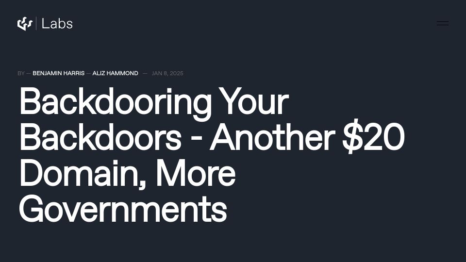Screenshot of labs.watchtowr.com: Backdooring Your Backdoors – Another $20 Domain, More Governments