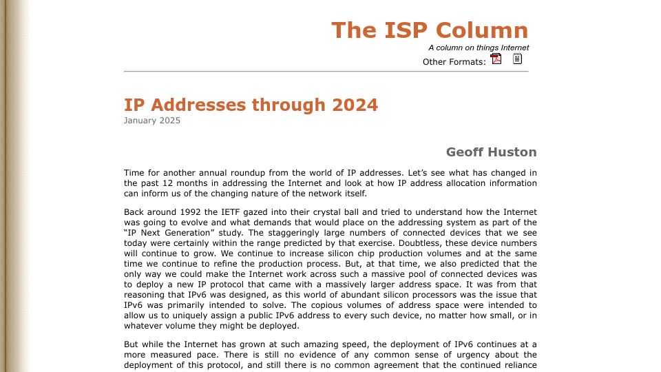 Screenshot of potaroo.net: IP addresses through 2024