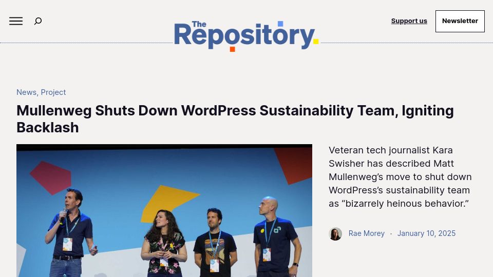 Screenshot of therepository.email: Mullenweg Shuts Down WordPress Sustainability Team, Igniting Backlash