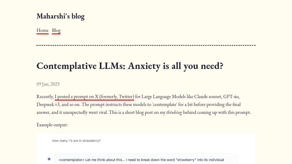 Screenshot of maharshi.bearblog.dev: Contemplative LLMs