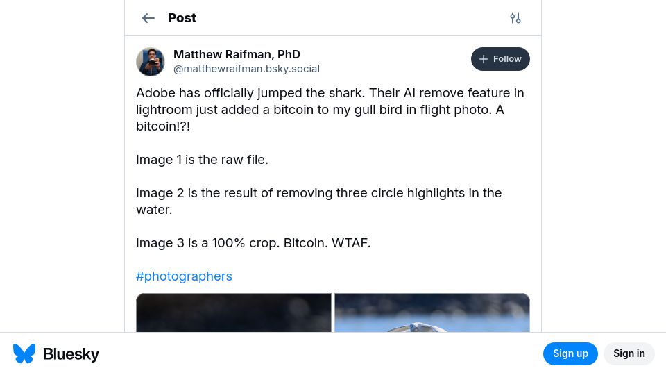Screenshot of bsky.app: Adobe Lightroom's AI Remove feature added a Bitcoin to bird in flight photo