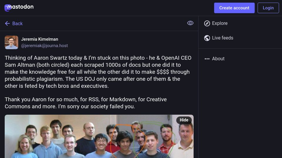 Screenshot of journa.host: Aaron Swartz and Sam Altman