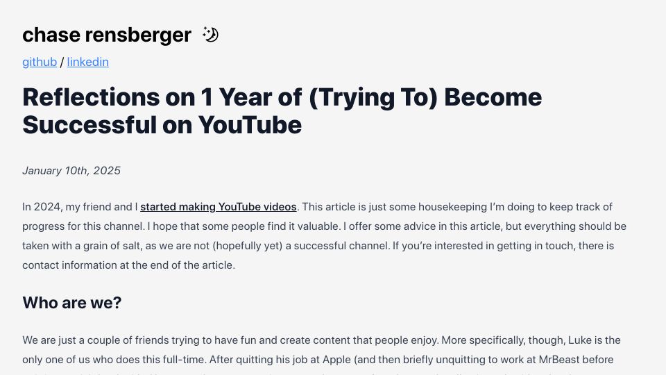 Screenshot of chaserensberger.com: Reflections on 1 Year of (Trying to) Become Successful on YouTube