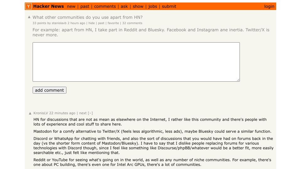 Screenshot of Hacker News post: What other communities do you use apart from HN?