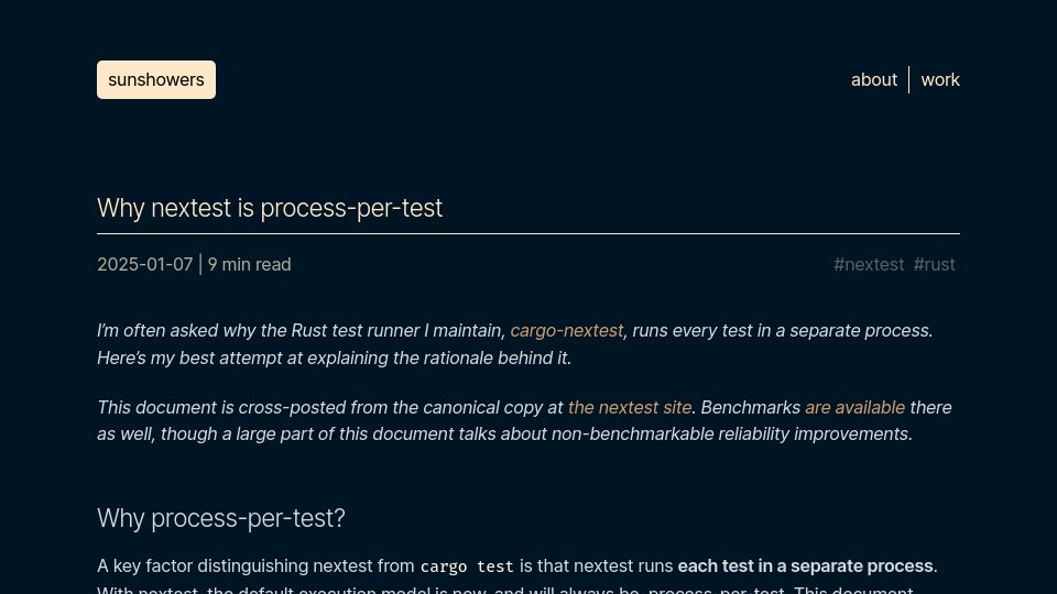 Screenshot of sunshowers.io: Why Rust nextest is process-per-test