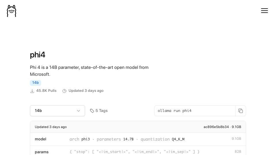 Screenshot of ollama.com: Phi 4 available on Ollama