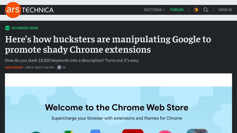 Screenshot of arstechnica.com: How hucksters are manipulating Google to promote shady Chrome extensions