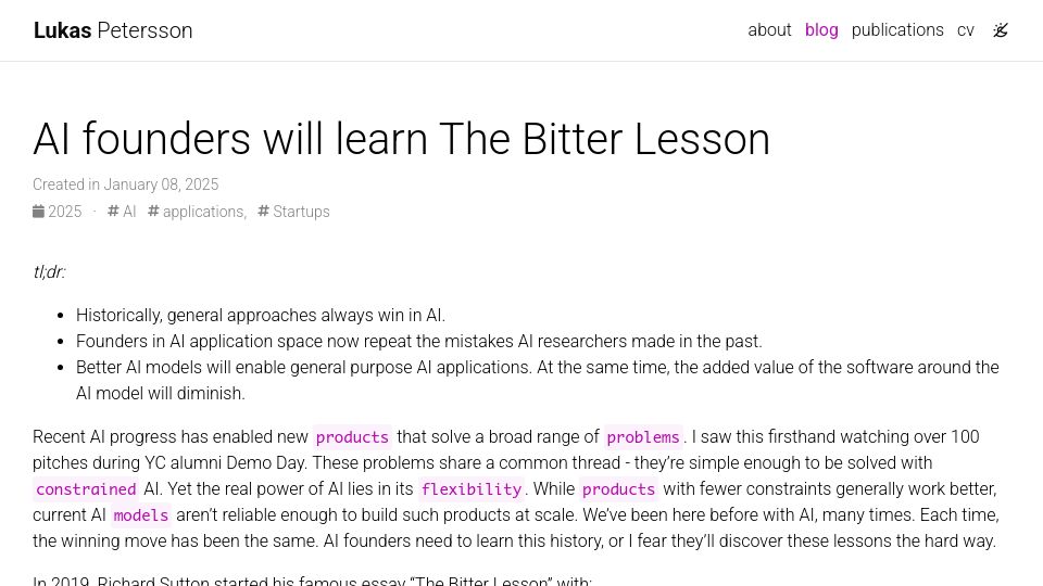 Screenshot of lukaspetersson.com: AI founders will learn the bitter lesson