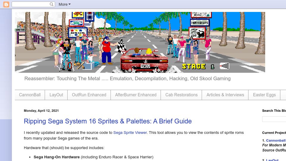 Screenshot of reassembler.blogspot.com: Ripping Sega System 16 Sprites and Palettes: Brief Guide (2021)