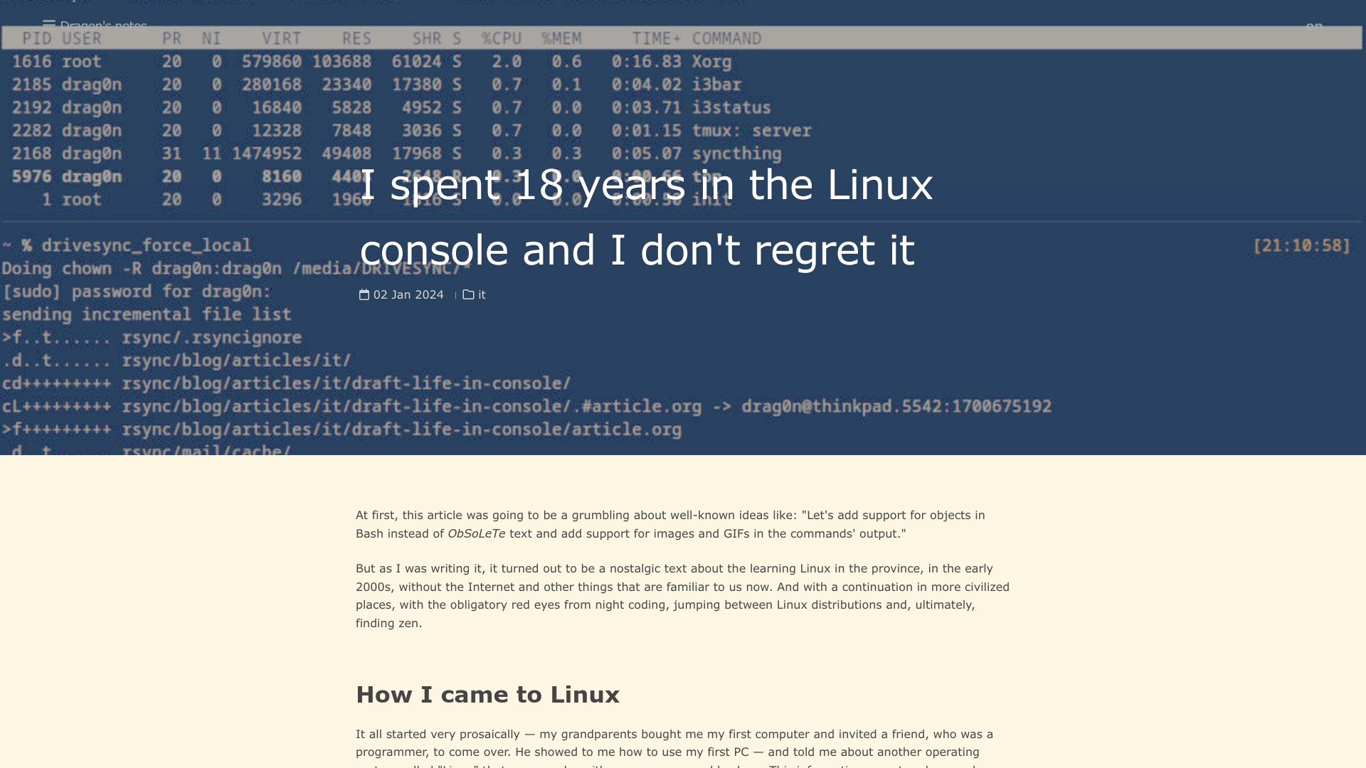 Screenshot of eugene-andrienko.com: I spent 18 years in the Linux console