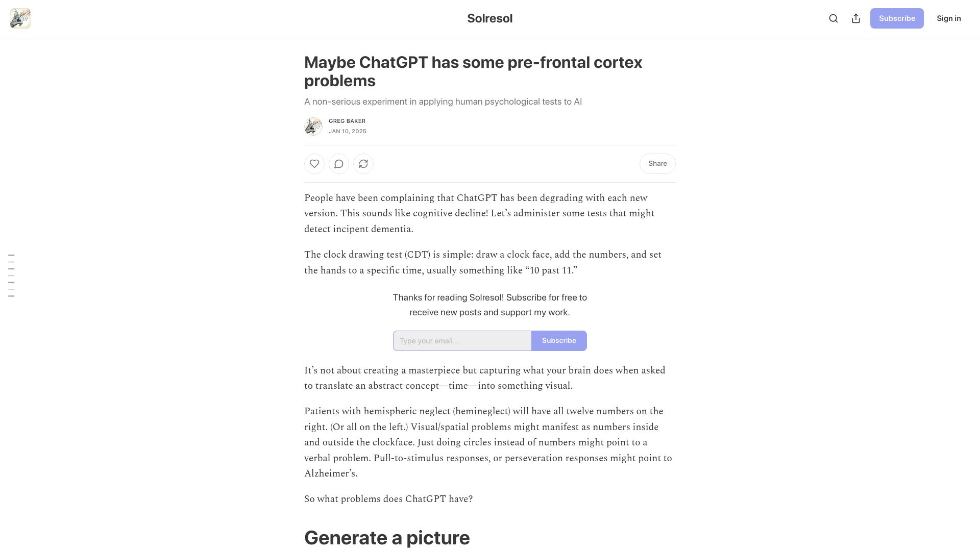 Screenshot of solresol.substack.com: Maybe ChatGPT has some pre-frontal cortex problems