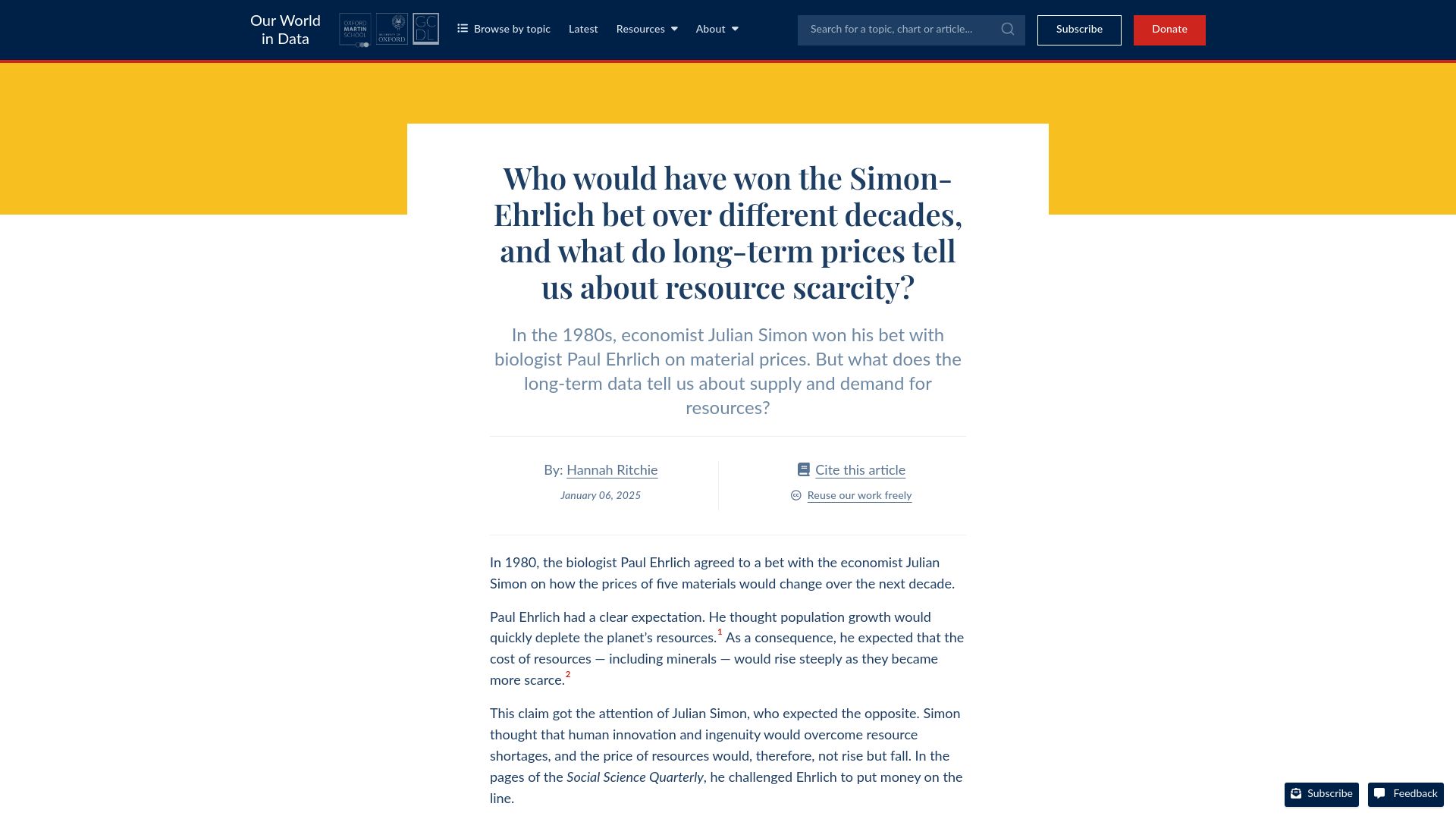 Screenshot of ourworldindata.org: Who would have won the Simon-Ehrlich bet over different decades?