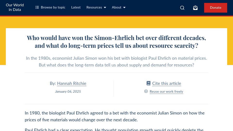 Screenshot of ourworldindata.org: Who would have won the Simon-Ehrlich bet over different decades?
