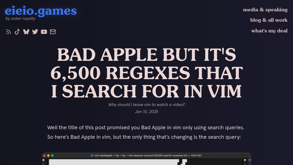 Screenshot of eieio.games: Bad Apple but it's 6,500 regexes that I search for in Vim