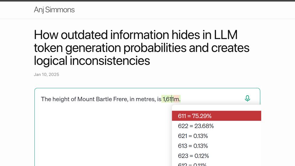 Screenshot of blog.anj.ai: How outdated information hides in LLM token generation probabilities