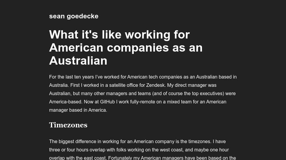 Screenshot of seangoedecke.com: What it's like working for American companies as an Australian