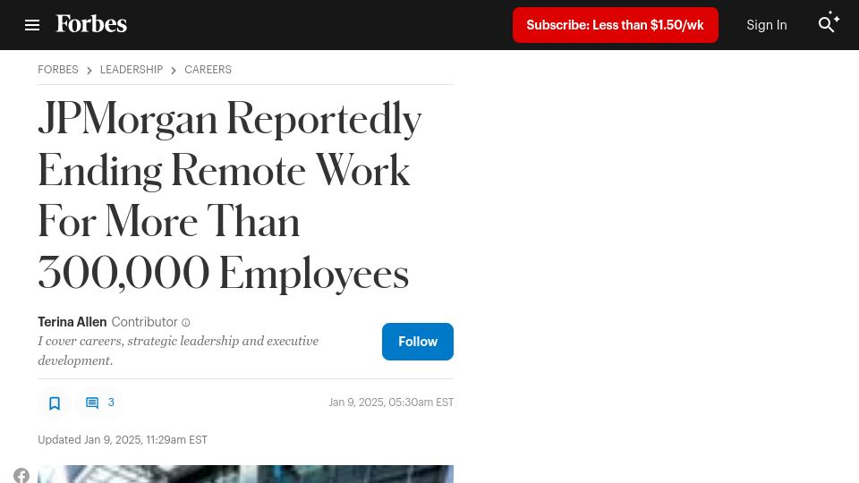 Screenshot of forbes.com: JPMorgan Reportedly Ending Remote Work for More Than 300k Employees