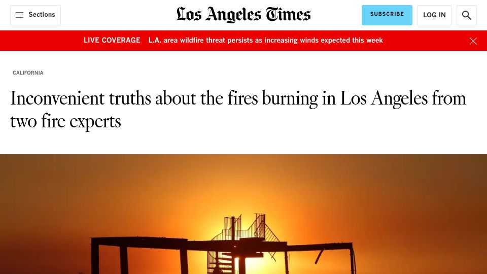 Screenshot of latimes.com: Two fire experts interviewed about L.A. wildfires