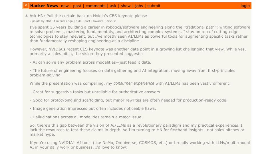Screenshot of Hacker News post: Ask HN: Pull the curtain back on Nvidia's CES keynote please