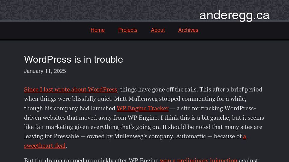 Screenshot of anderegg.ca: WordPress Is in Trouble