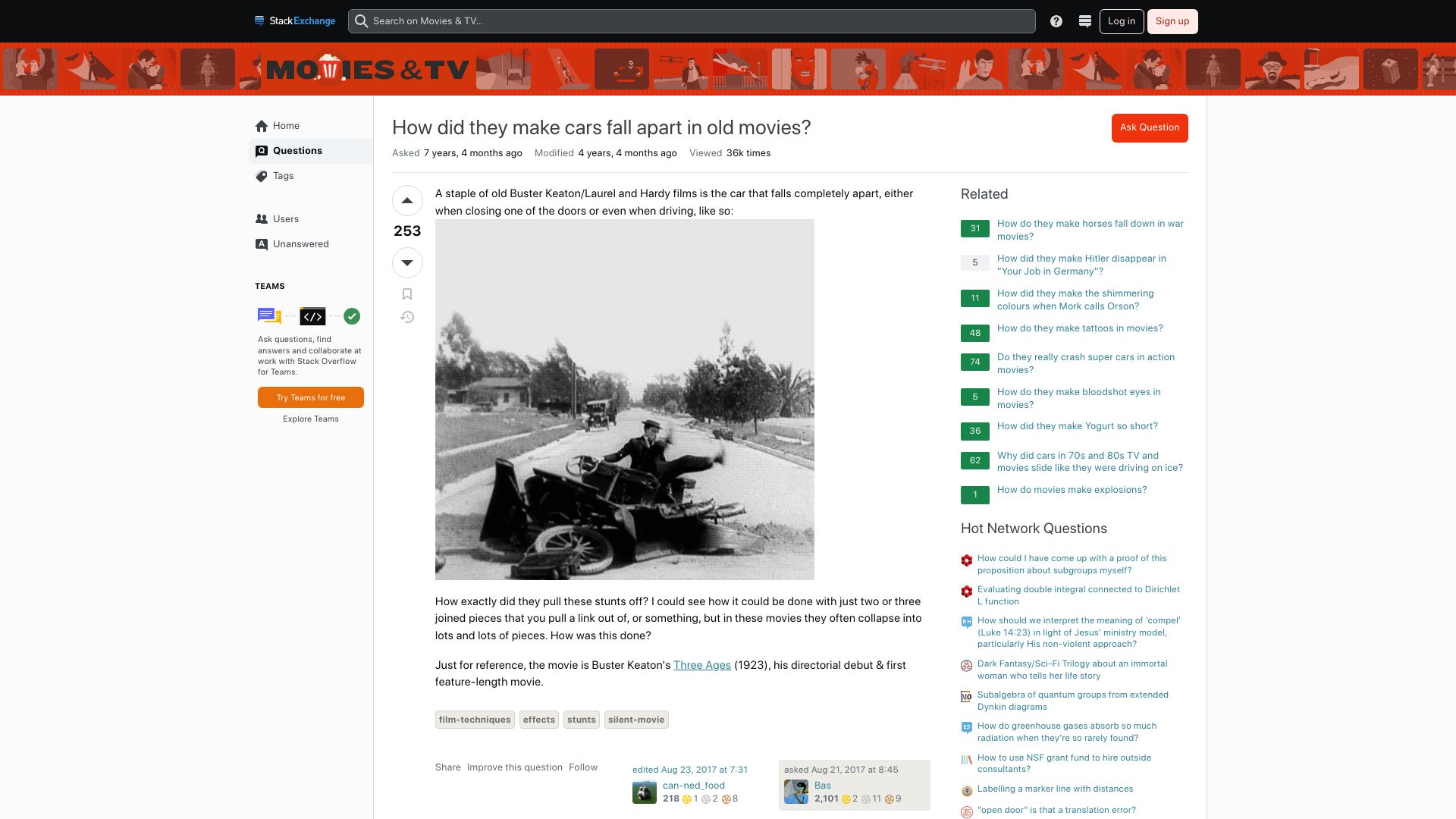 Screenshot of movies.stackexchange.com: How did they make cars fall apart in old movies (2017)