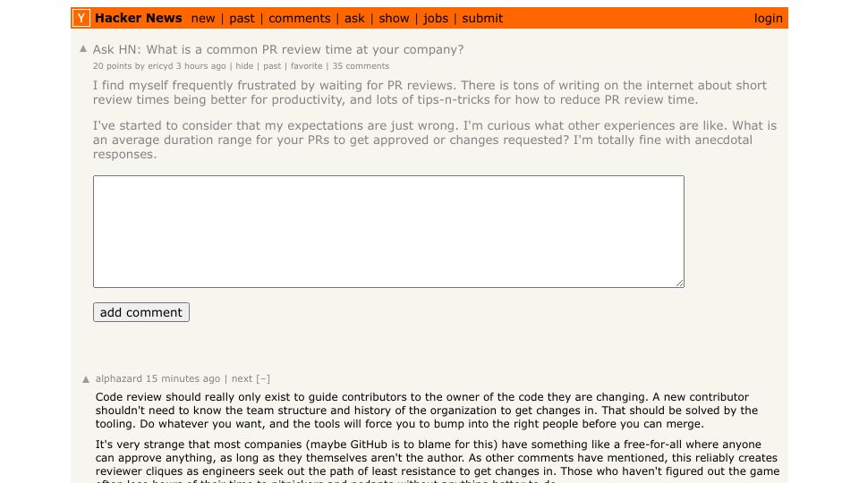 Screenshot of Hacker News post: Ask HN: What is a common PR review time at your company?