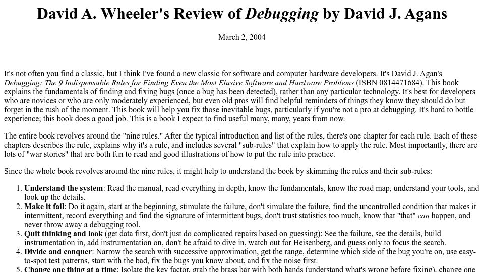 Screenshot of dwheeler.com: Debugging: Indispensable rules for finding even the most elusive problems (2004)