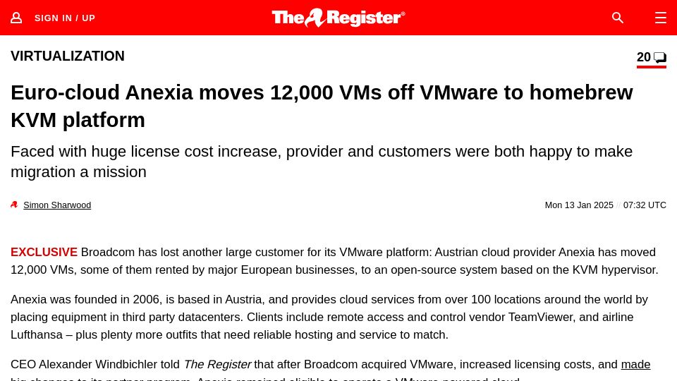 Screenshot of theregister.com: Euro-cloud provider Anexia moves 12,000 VMs off VMware to homebrew KVM platform