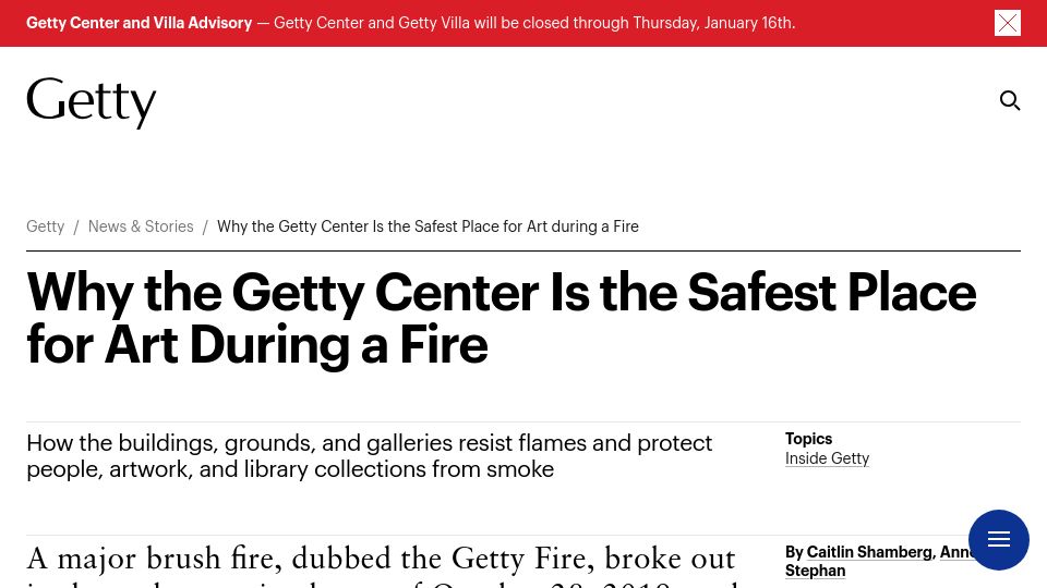 Screenshot of getty.edu: Why the Getty Center Is the Safest Place for Art During a Fire (2019)
