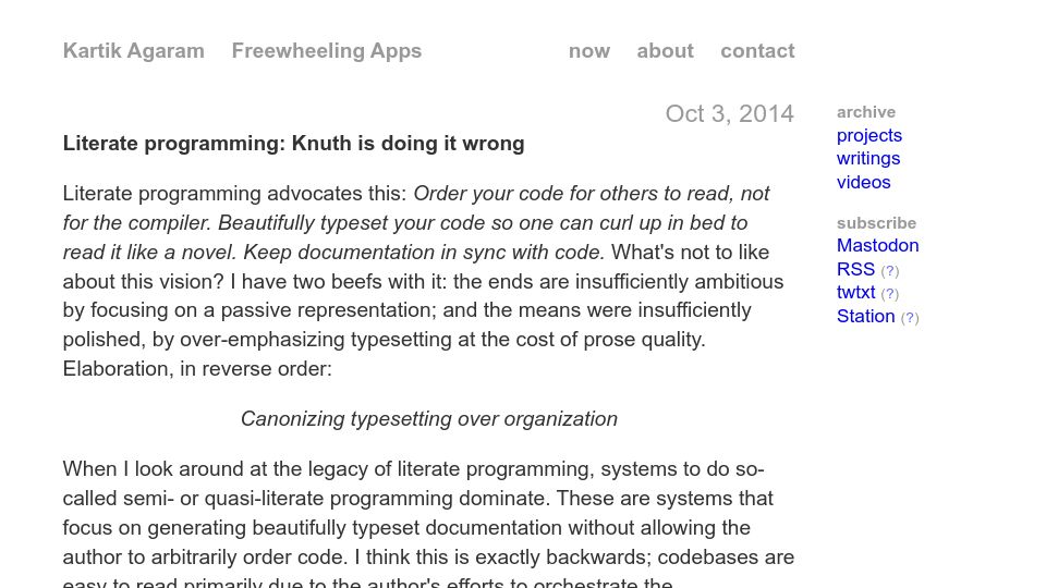 Screenshot of akkartik.name: Literate programming: Knuth is doing it wrong (2014)