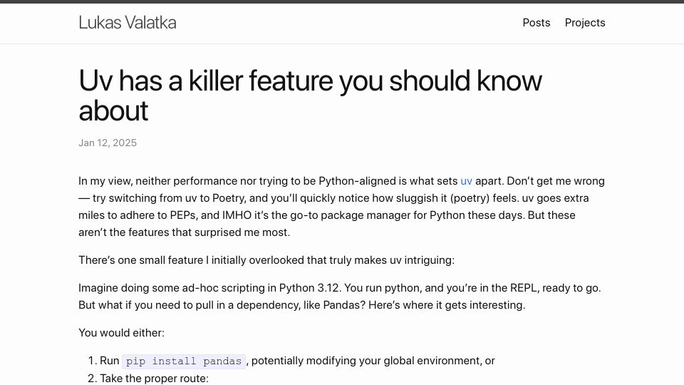 Screenshot of valatka.dev: Uv's killer feature is making ad-hoc environments easy