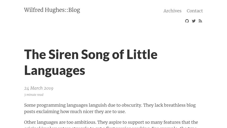 Screenshot of wilfred.me.uk: The Siren Song of Little Languages