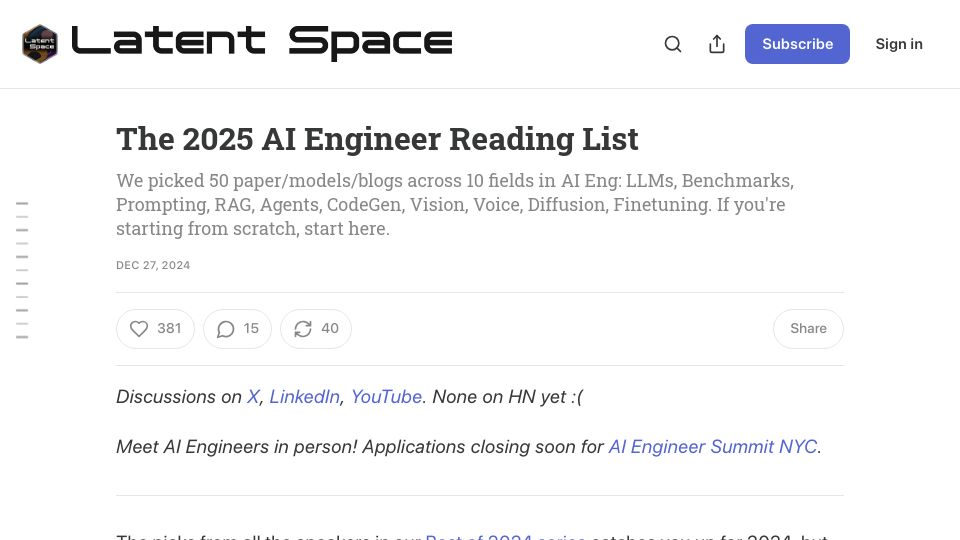 Screenshot of latent.space: AI Engineer Reading List