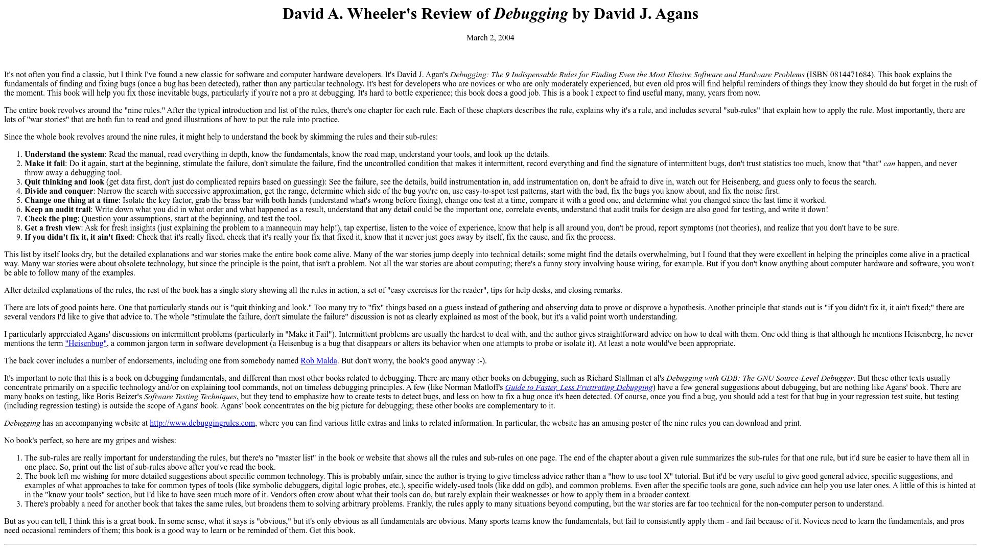 Screenshot of dwheeler.com: Debugging: Indispensable rules for finding even the most elusive problems (2004)