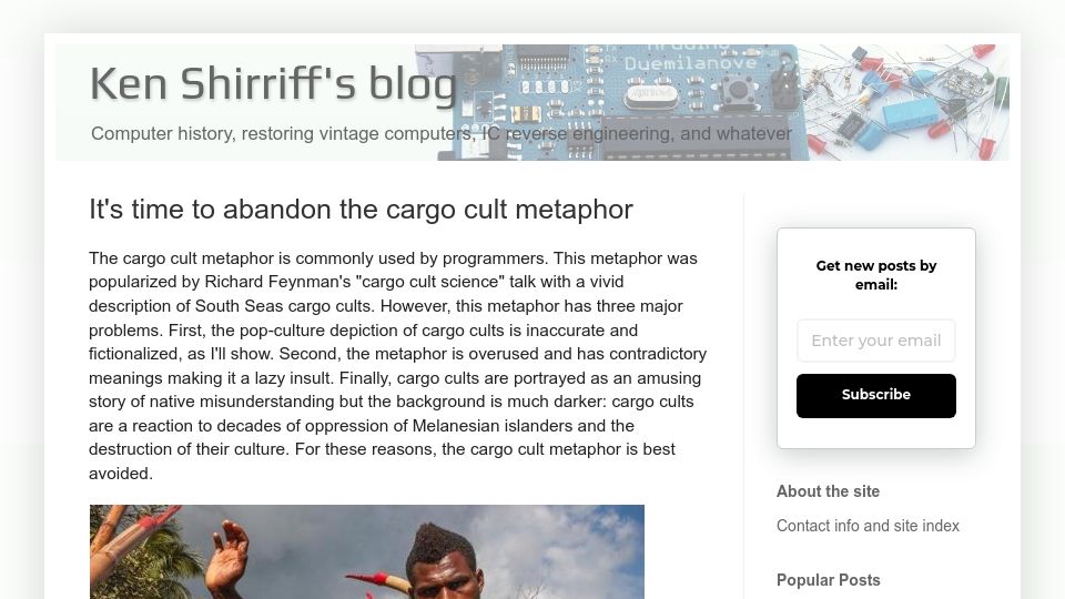 Screenshot of righto.com: It's time to abandon the cargo cult metaphor