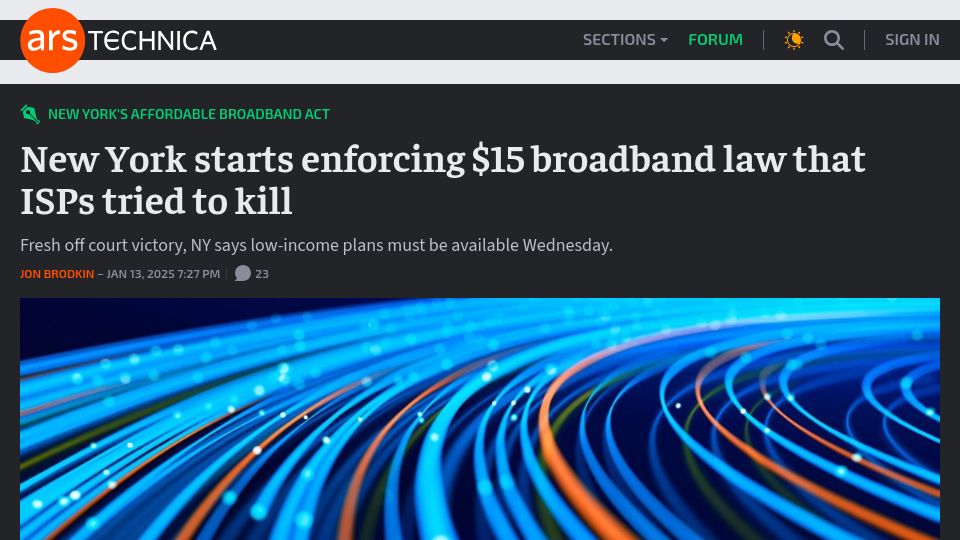 Screenshot of arstechnica.com: New York starts enforcing $15 broadband law that ISPs tried to kill