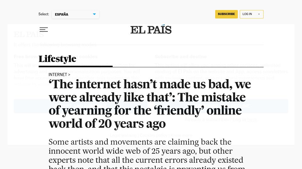 Screenshot of english.elpais.com: The mistake of yearning for the 'friendly' online world of 20 years ago