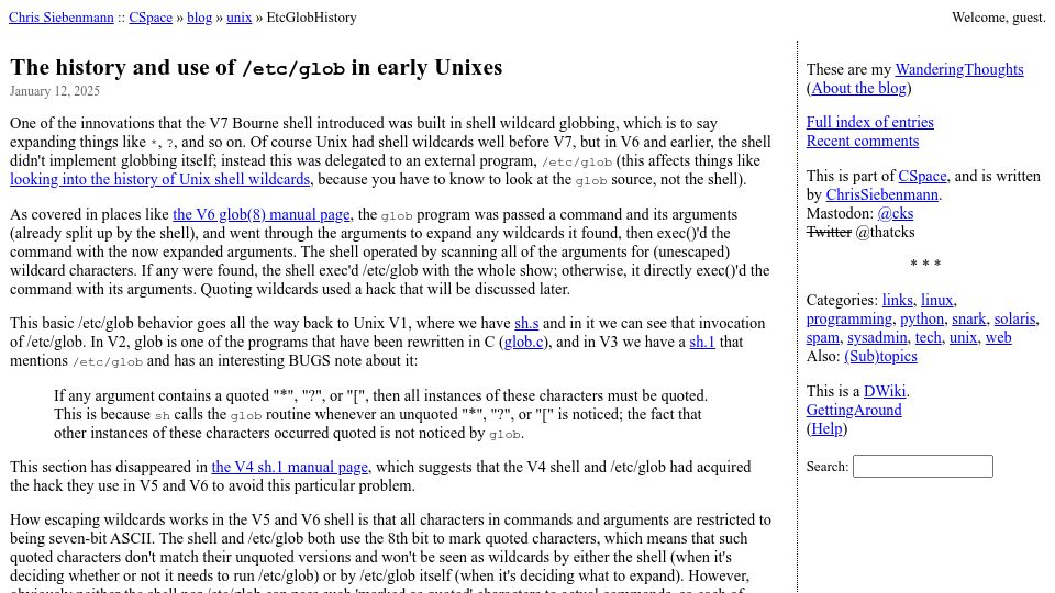 Screenshot of utcc.utoronto.ca: The history and use of /etc./glob in early Unixes